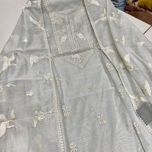 Silver Mal Chanderi Cotton Suit Set – Thread & Mirror Embroidered Neck with Embellished Dupatta & Pure Cotton Bottom