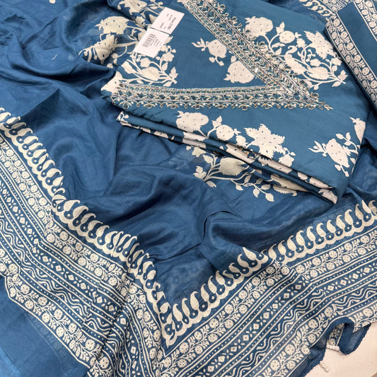 Peacock blue handwork neck printed suit set