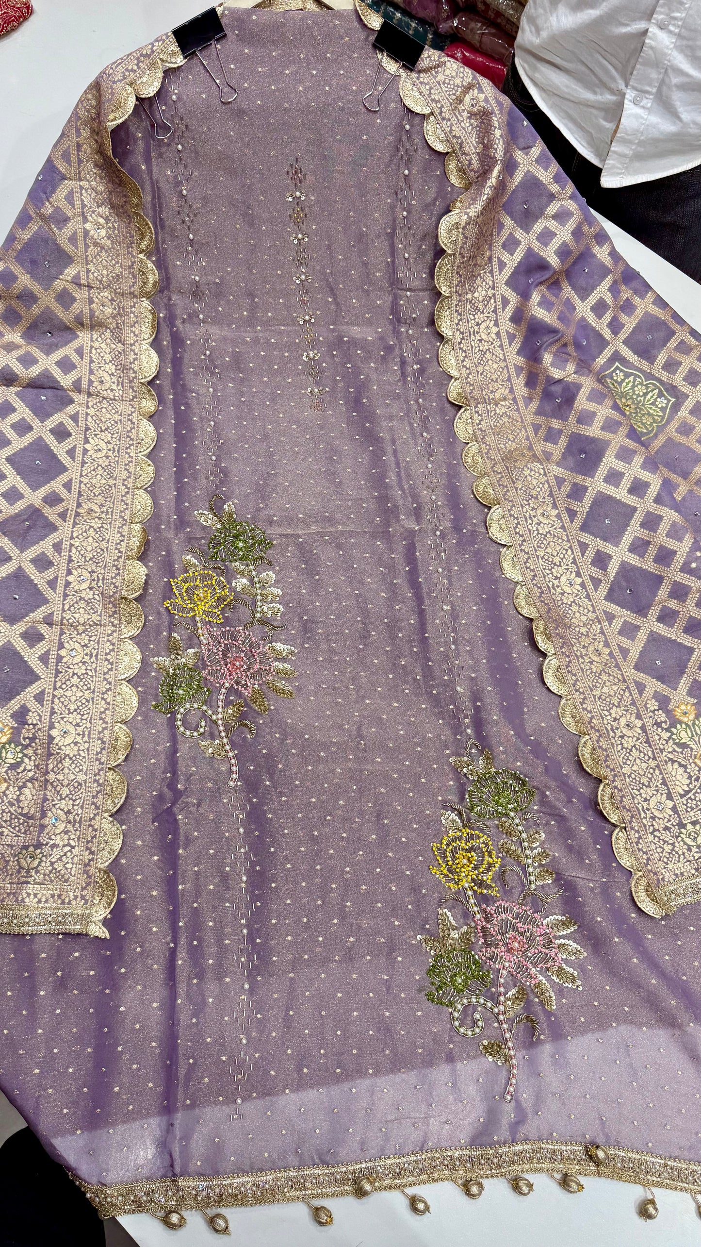 Designer Pure Handloom Tissue Unstitched Suit with Zardozi Handwork & Dupatta