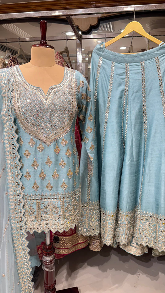 Elegant Powder Blue Raw Silk Sharara Suit with Intricate Hand Embroidery & Mirror Work