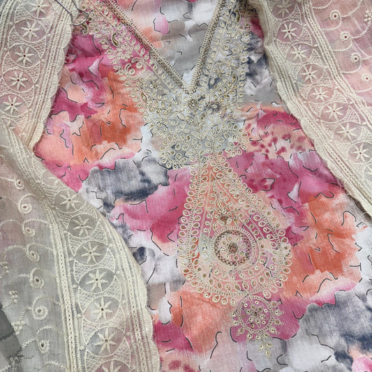 Elegant Floral Printed & Embroidered Cotton Salwar Kameez Set with Dupatta – Multicolor