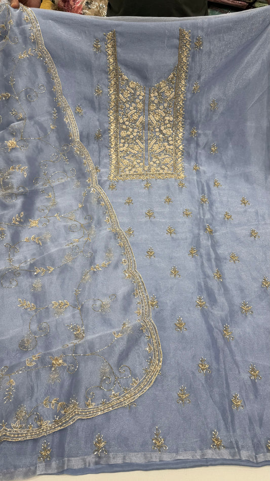 Luxury Unstitched Pure Glass Organza Hand Embroidered Suit with Nakshi, Pearls & Cutdana Work | Premium Designer Wedding & Party Wear Dress Material