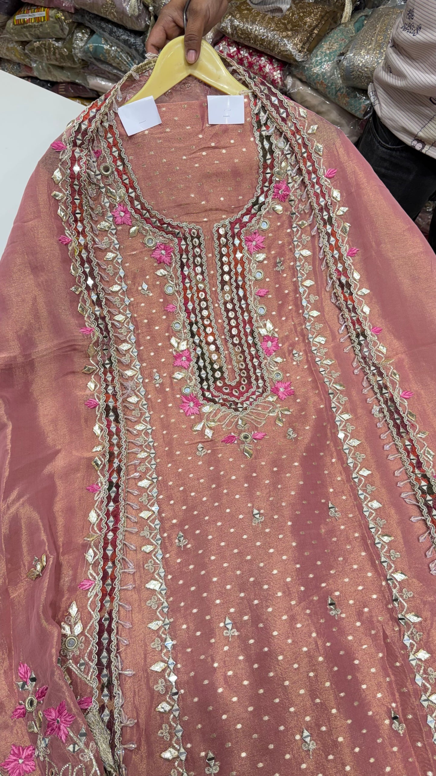 Designer Pure Shimmer Tissue Hand Embroidered Unstitched Suit