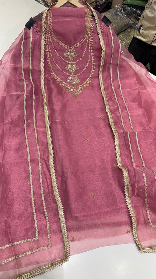 Designer Glass Tissue Hand-Embroidered Unstitched Suit