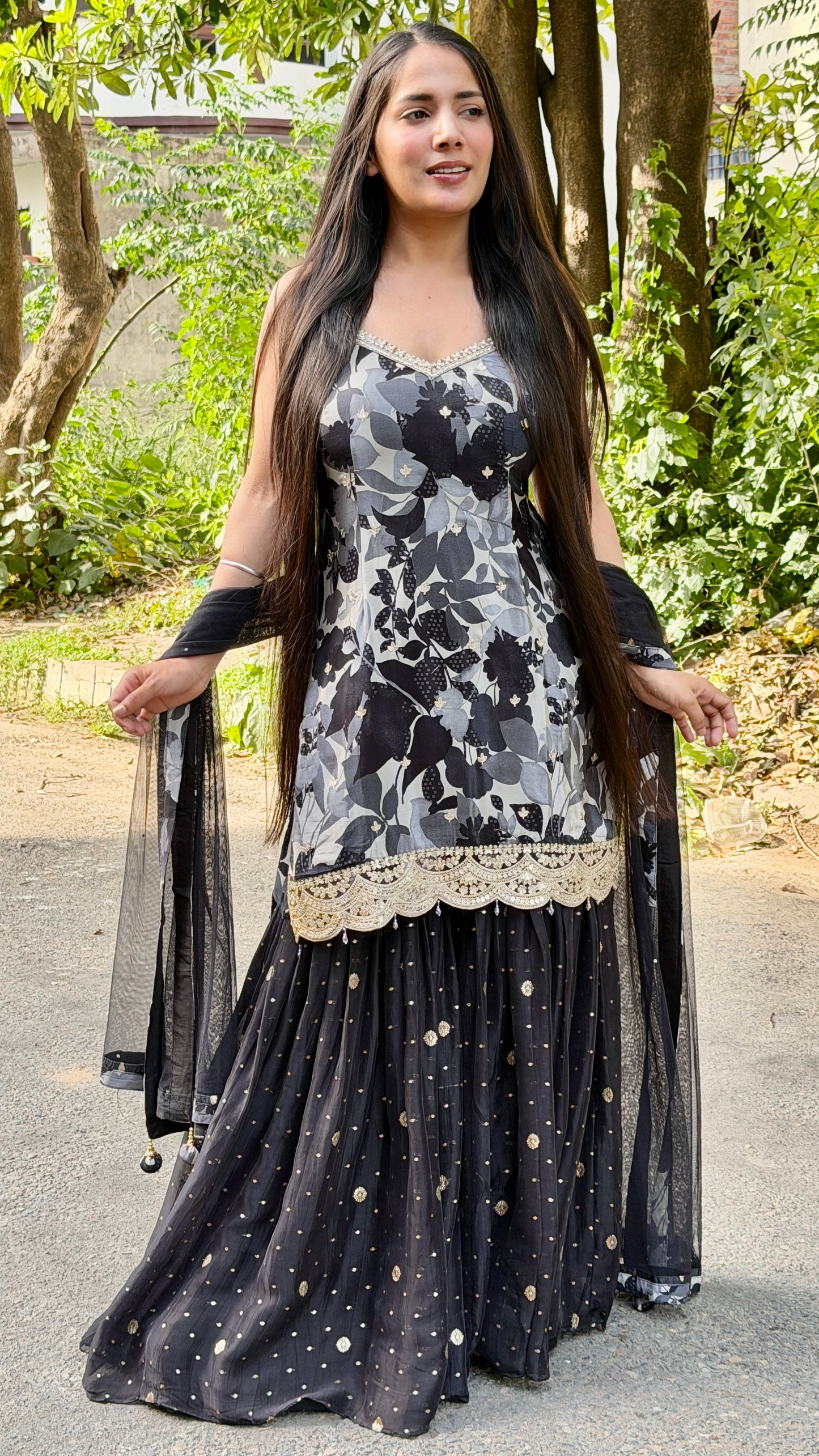 Designer Black & Grey Pure Crepe Girlish Sharara Suit with Organza Gharara & Net Dupatta | Readymade Party Wear Suit