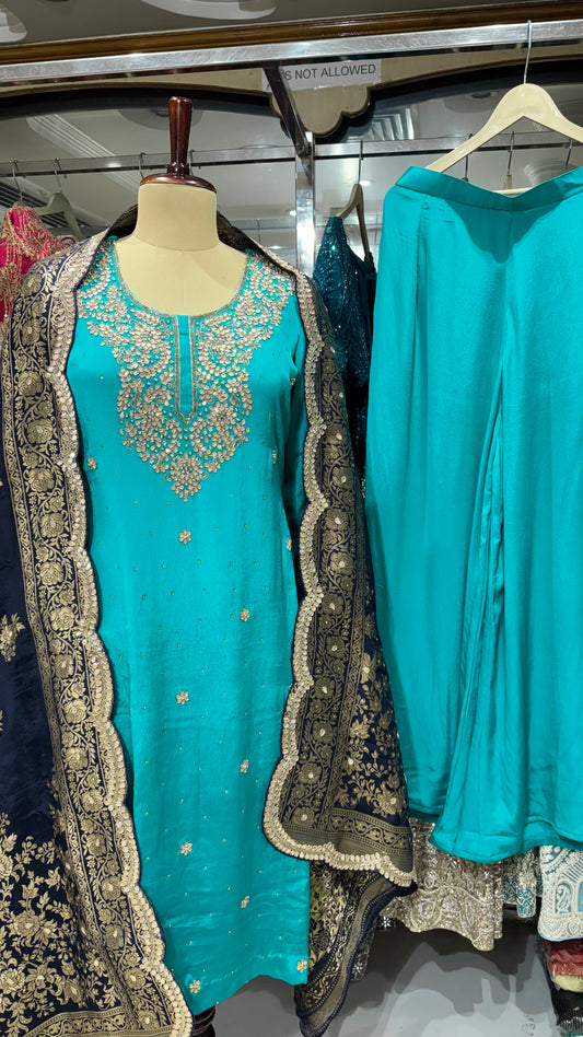 Designer Pure Crepe Hand-Embroidered Gota Patti Suit with Banarasi Border Dupatta & Sharara