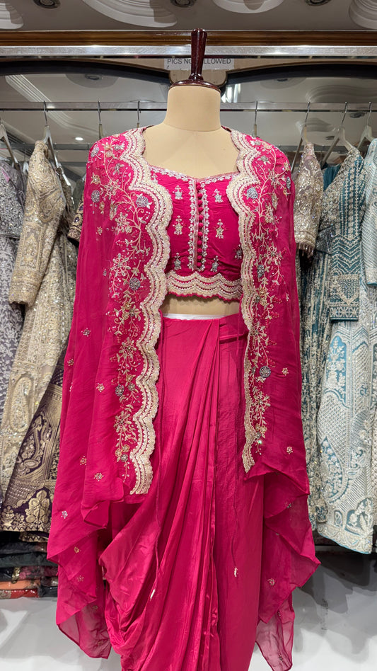 Elegant 3-Piece Indo-Western Ensemble with Embroidered Organza Cape, Pleated Crepe Skirt & Choli