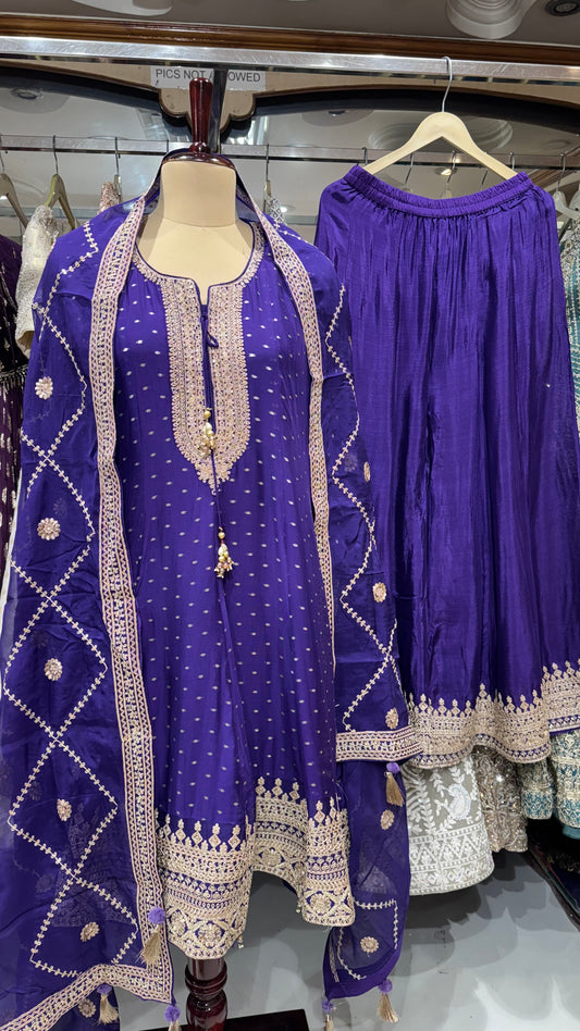 Royal Purple Embroidered Organza Anarkali Suit Set