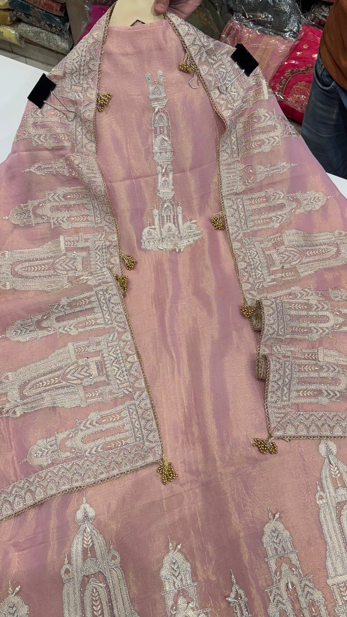 Heritage Temple Motif Unstitched Shimmer Tissue Suit Set