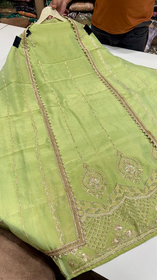 Elegant Pistachio Green Pure Tissue Hand Embroidered Unstitched Suit