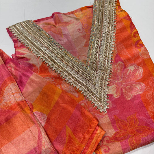 Multicolor tissue silk v neck suit set