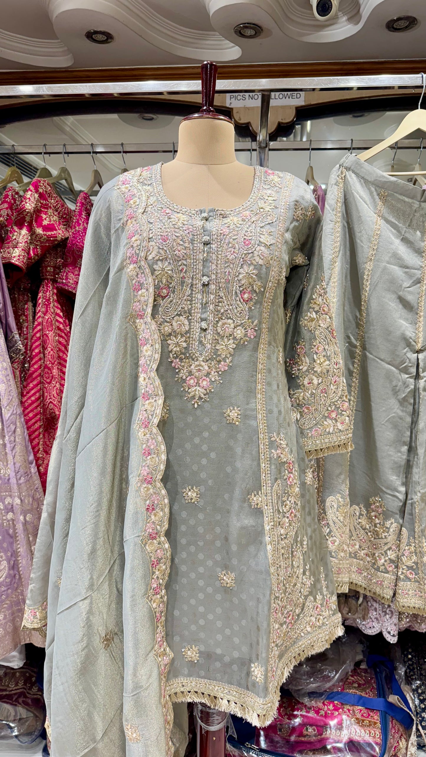 Readymade A-Line Pakistani Sharara Suit in Pure Tissue – Free Size (Up to 44” Bust)
