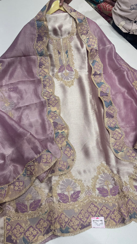 Luxury Shimmer Tissue Unstitched Suit with Zari & Sequin Embroidery