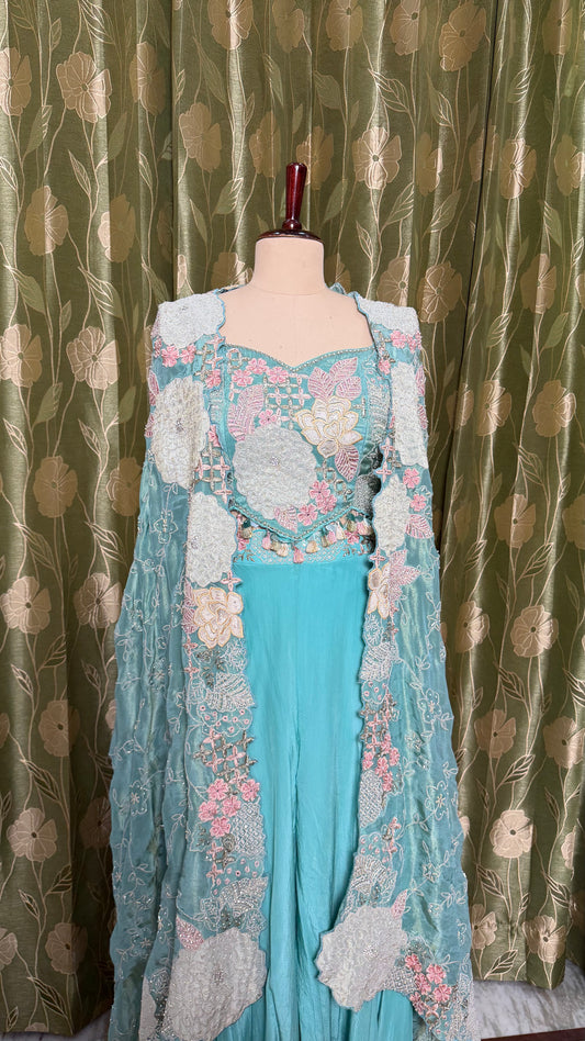Aqua Blue Indo-Western 3-Piece Ensemble with Hand-Embroidered Blouse & Sharara in Pure Crepe and Heavy Pure Tissue Kaftan Shrug