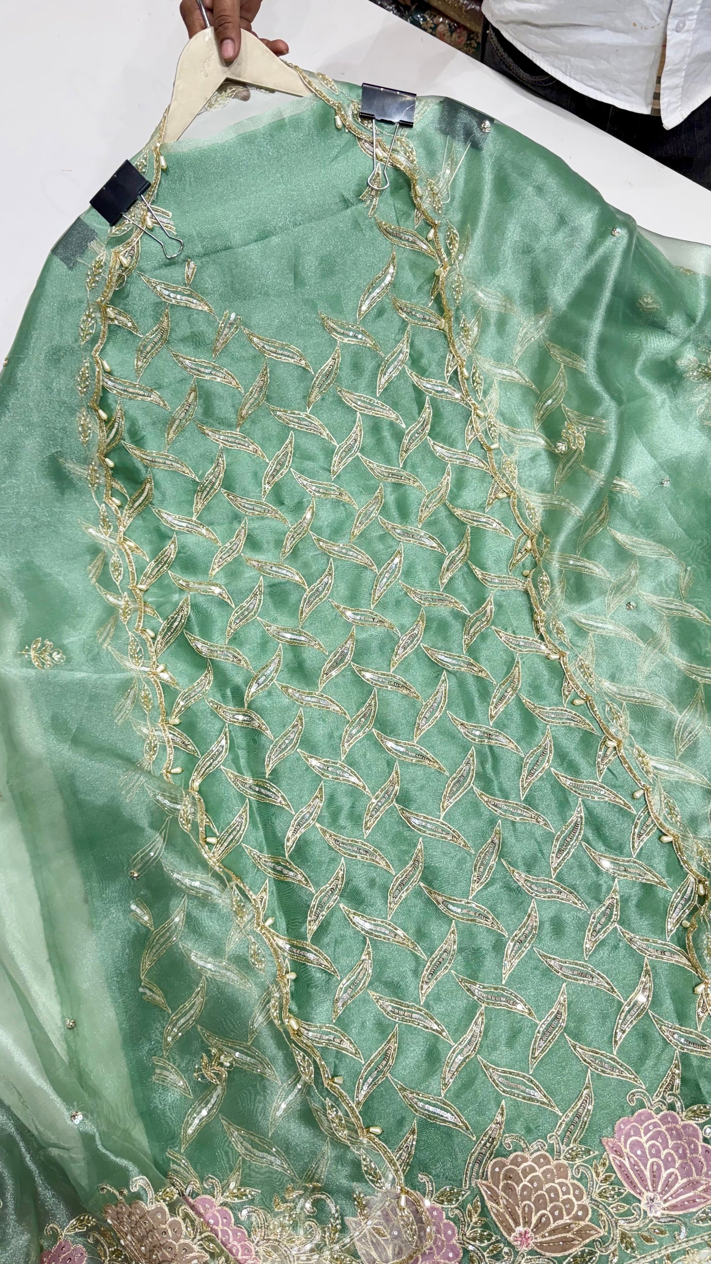 Designer Pure Glass Organza Unstitched Suit with Zardozi Handwork & Embroidered Dupatta