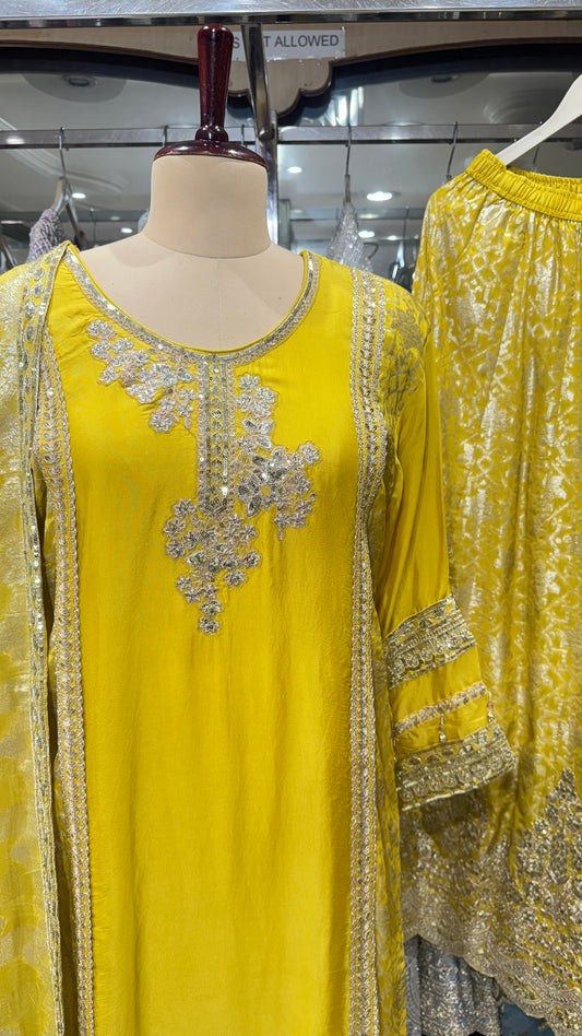 Mustard Yellow Embroidered Silk Pakistani Party Wear Dress with Dupatta and Skirt