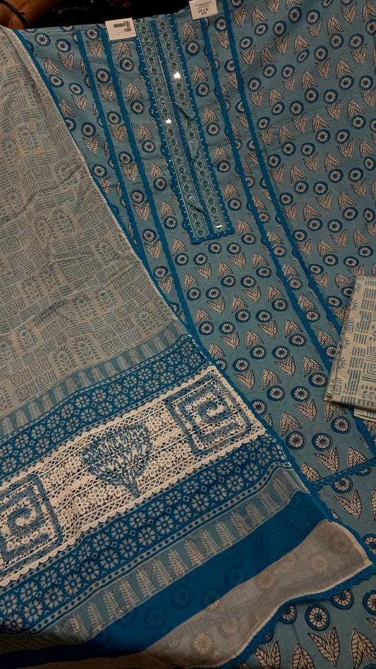 ✨ Sky Blue Printed Cotton Unstitched Suit Set