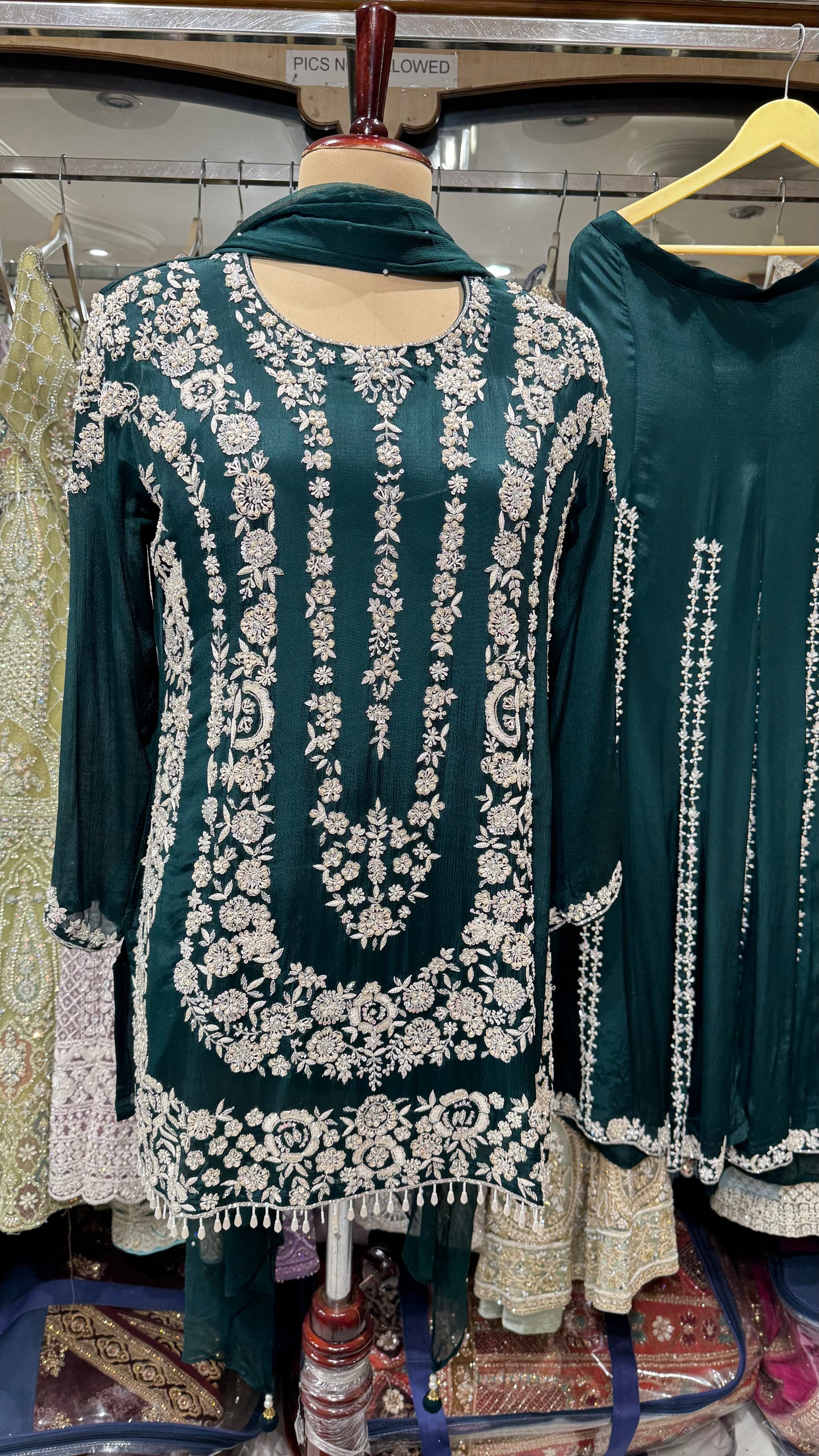 Embroidered Chinon Sharara Suit Set with Pearl Detailing – Available in Peach, Bottle Green & Navy Blue