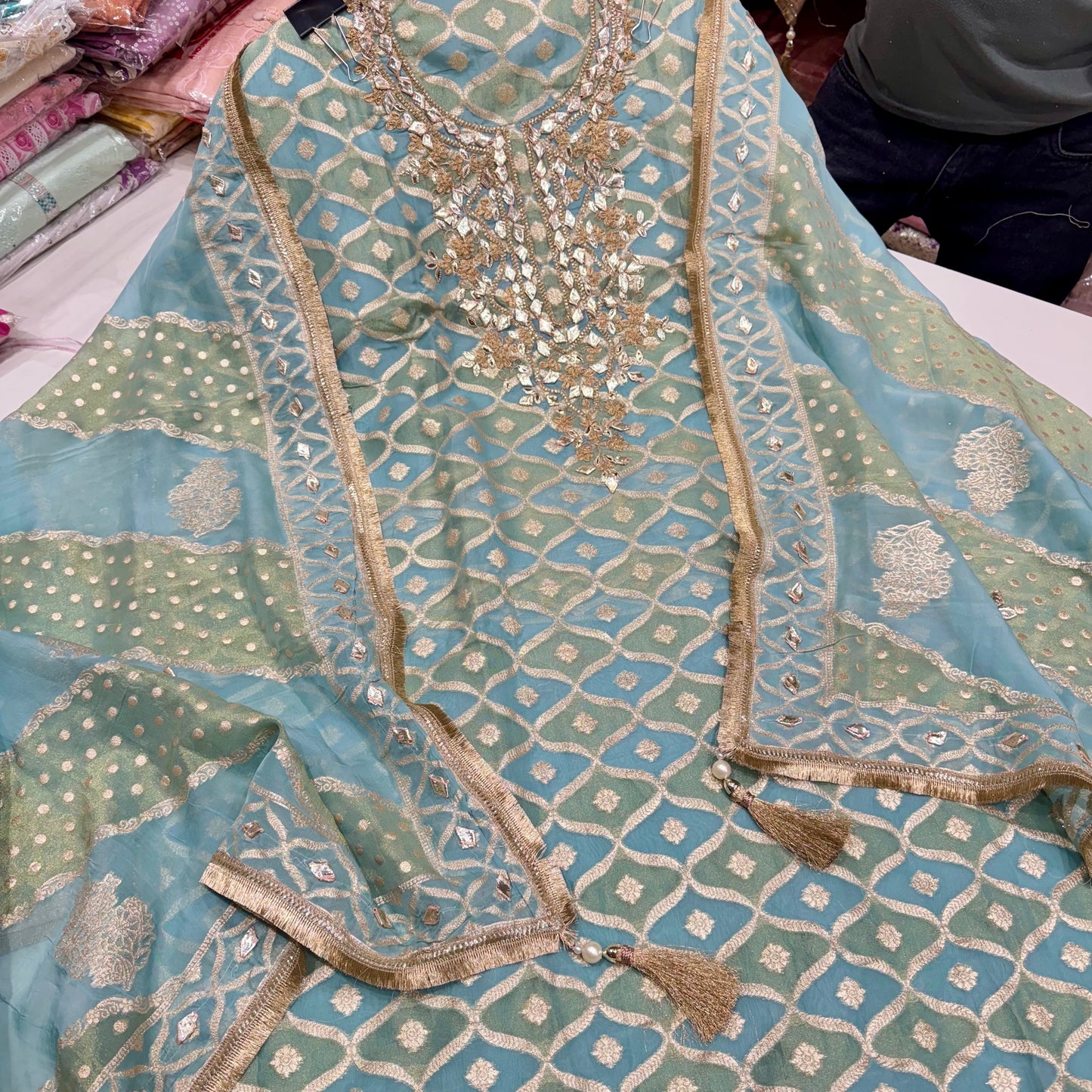 Luxury Banarasi Tissue Unstitched Suit Set – Gota Patti Glam with Statement Dupatta & Silk Bottom (2.5m)