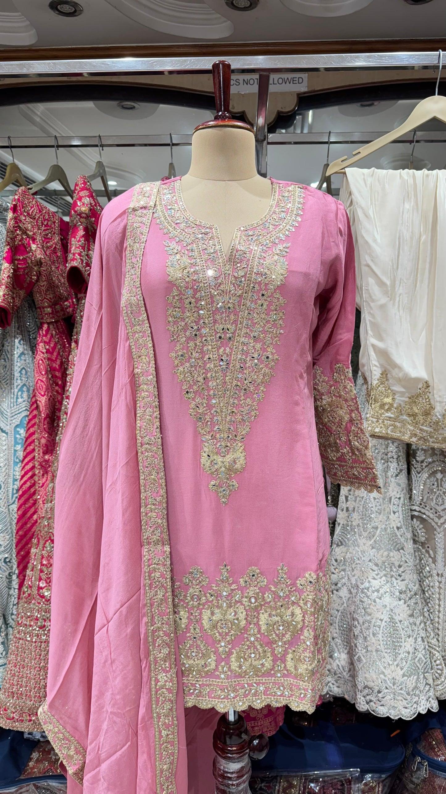 Designer Hand-Embroidered Pure Chinon Farshi Salwar Suit – Readymade Free Size (Up to 46” Bust)