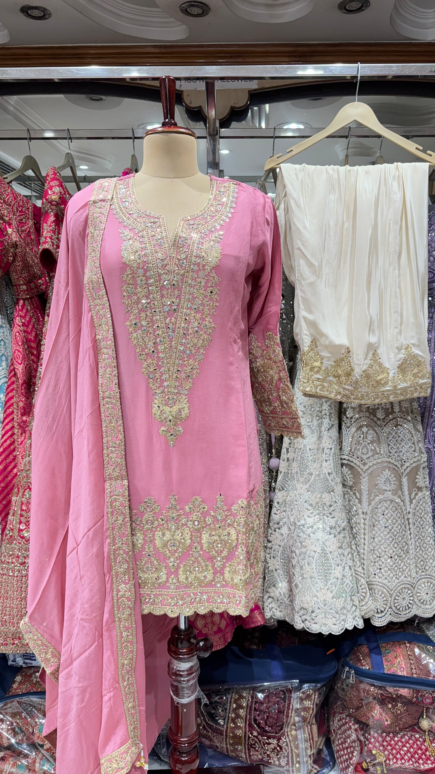 Designer Hand-Embroidered Pure Chinon Farshi Salwar Suit – Readymade Free Size (Up to 46” Bust)
