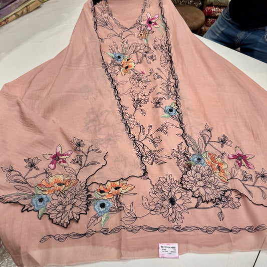 Unstitched Pure Mulmul Kalamkari Suit with Bead Embroidery & Cutwork Dupatta