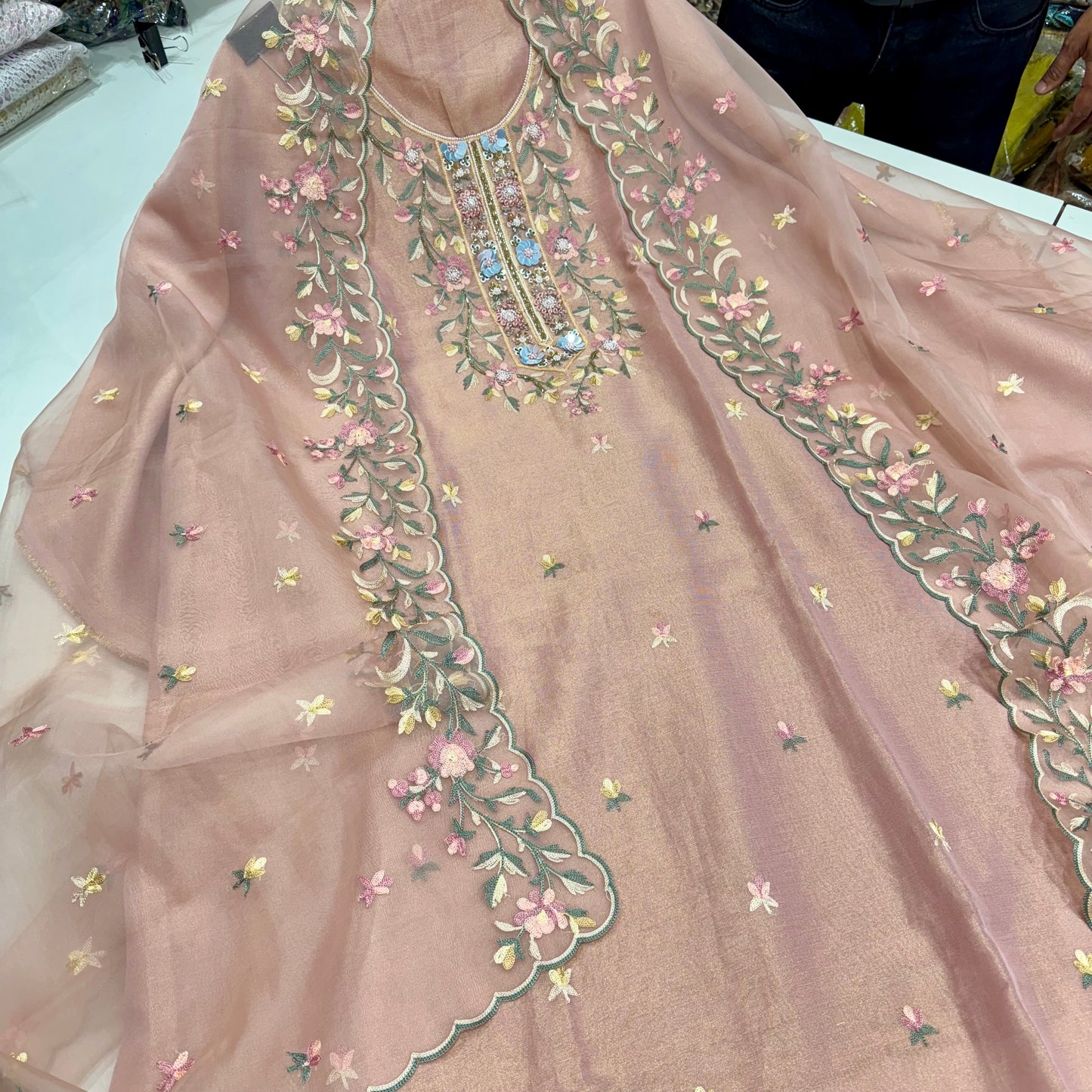 Unstitched Tissue Silk Kalamkari Embroidered Suit with Handwork Neck & Organza Dupatta