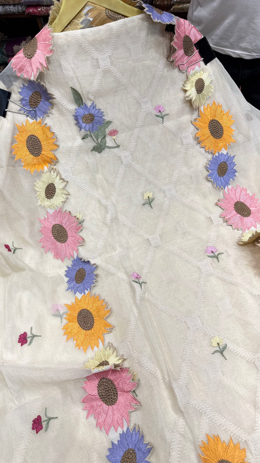 Elegant Multicolor Floral Embroidered Unstitched Suit in Pure Mul Chanderi