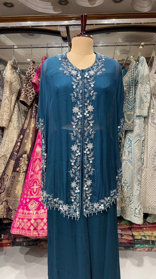 Elegant 3-Piece Indo-Western Kaftan Set – Hand Embroidered Organza kaftan with Chinon Crepe Blouse & Sharara