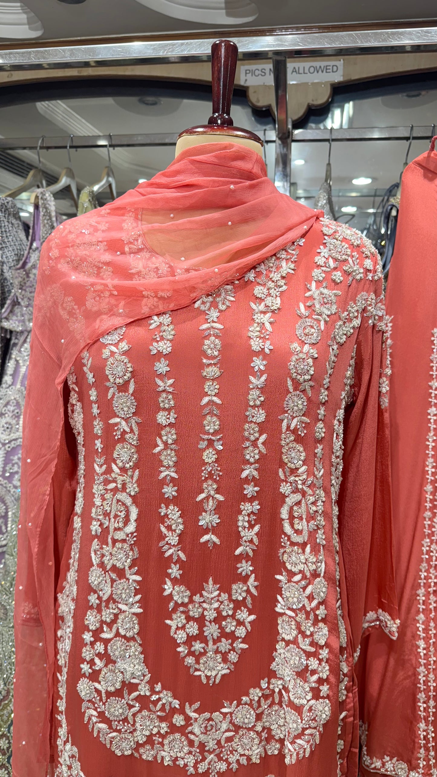 Embroidered Chinon Sharara Suit Set with Pearl Detailing – Available in Peach, Bottle Green & Navy Blue