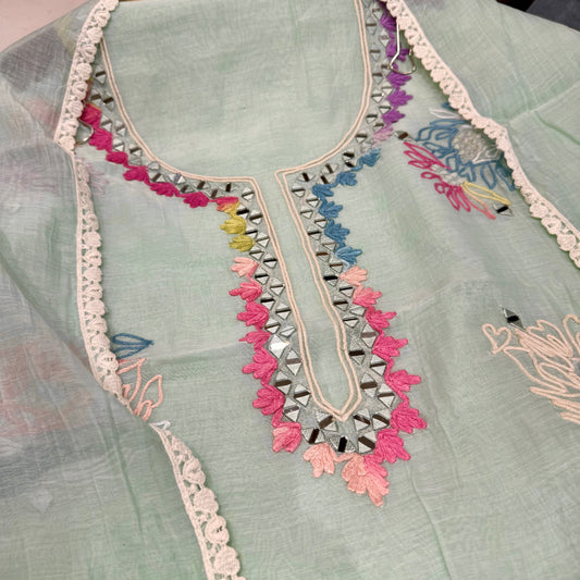 Elegant Pure Mul Mul Cotton Hand-Embroidered Suit with Mirror Work & Dupatta