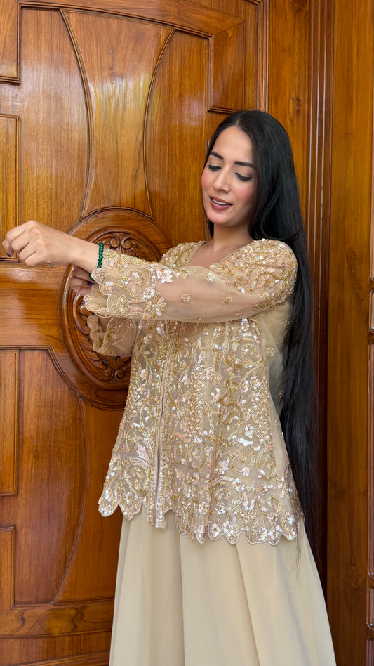 Designer Indo-Western Sharara Set with Embroidered Net Jacket | Pure Georgette Sharara Suit | Cocktail Party Wear | Readymade Free Size Up to 42 Bust