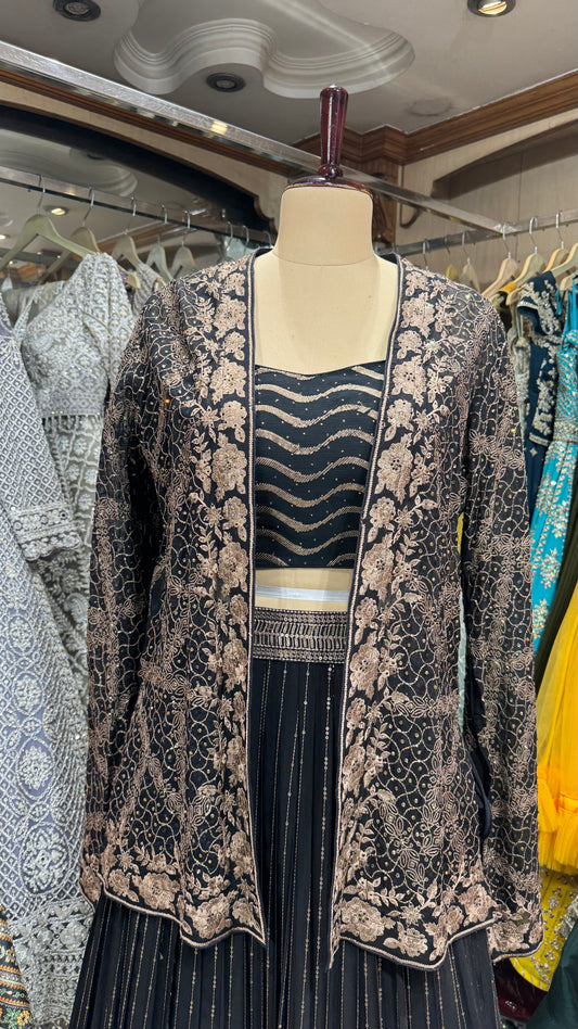 Midnight Muse – Black Indowestern Georgette Lehenga Set with Embroidered Jacket