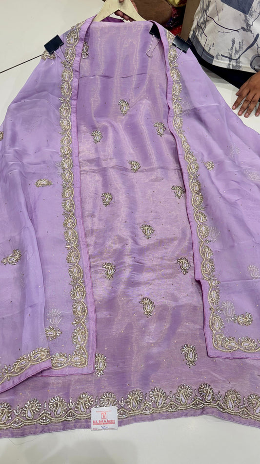 Elegant Hand-Embroidered Pure Tissue Suit with Pearl & Zarkan Detailing