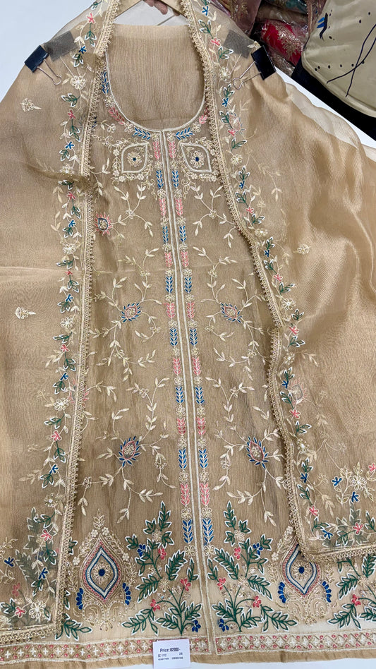 Unstitched Pure Crush Organza Zardozi Hand Embroidered Suit with Dupatta