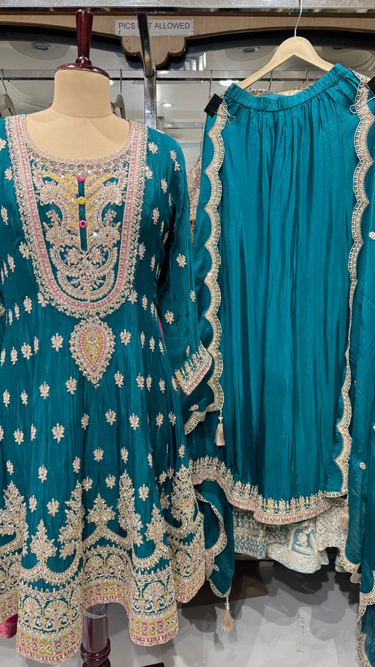 Teal Anarkali Suit with Heavy Embroidery, Sharara Pants & Dupatta β Designer Indian Ethnic Wear for Weddings & Parties