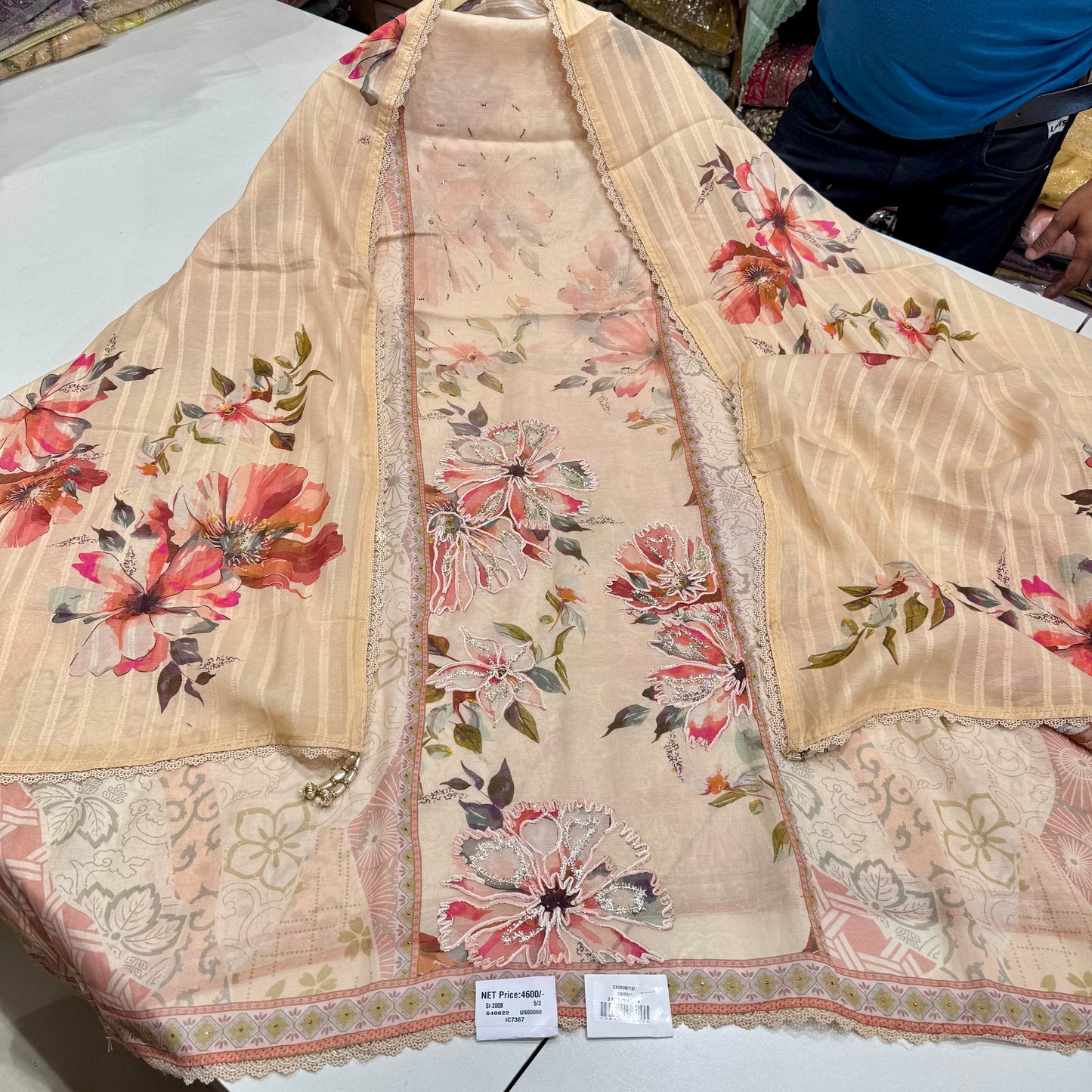 Trendy Pure Mul Mul Cotton Hand-Embroidered Suit with Digital Printed Dupatta & Cotton Bottom