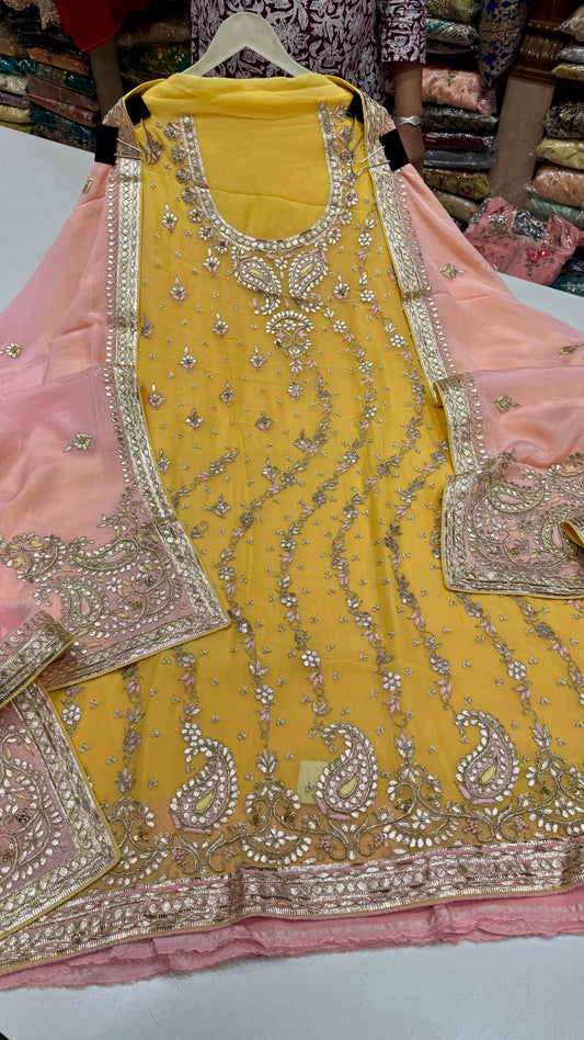Luxury Hand Embroidered Unstitched Georgette Suit with Chinon Dupatta