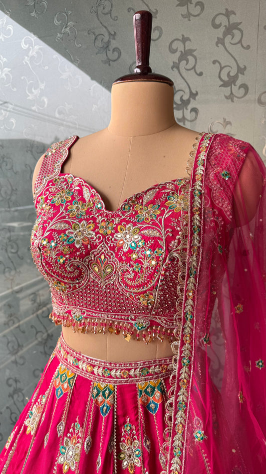Vibrant Rani Pink Multicolor Embroidered Lehenga Choli with Mirror and Thread Work