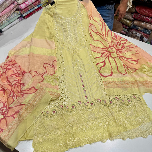 Muslin Pakistani Suit with Embroidered Chinon Dupatta & Soft Silk Bottom (2.5 Meter)