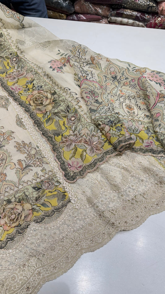 Cream Georgett Pakistani suit set with Orgenza dupatta