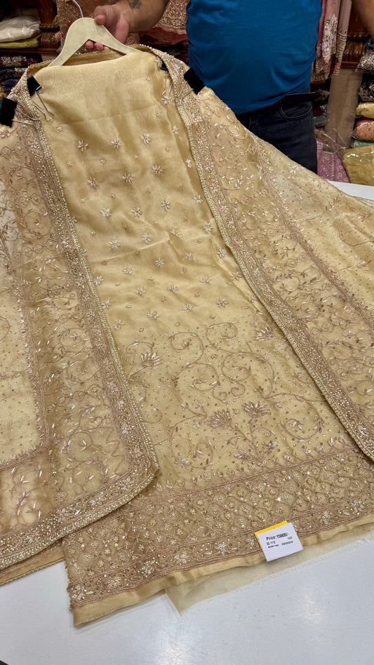 Royal Farukhabadi Hand-Embroidered Unstitched Glass Organza Suit