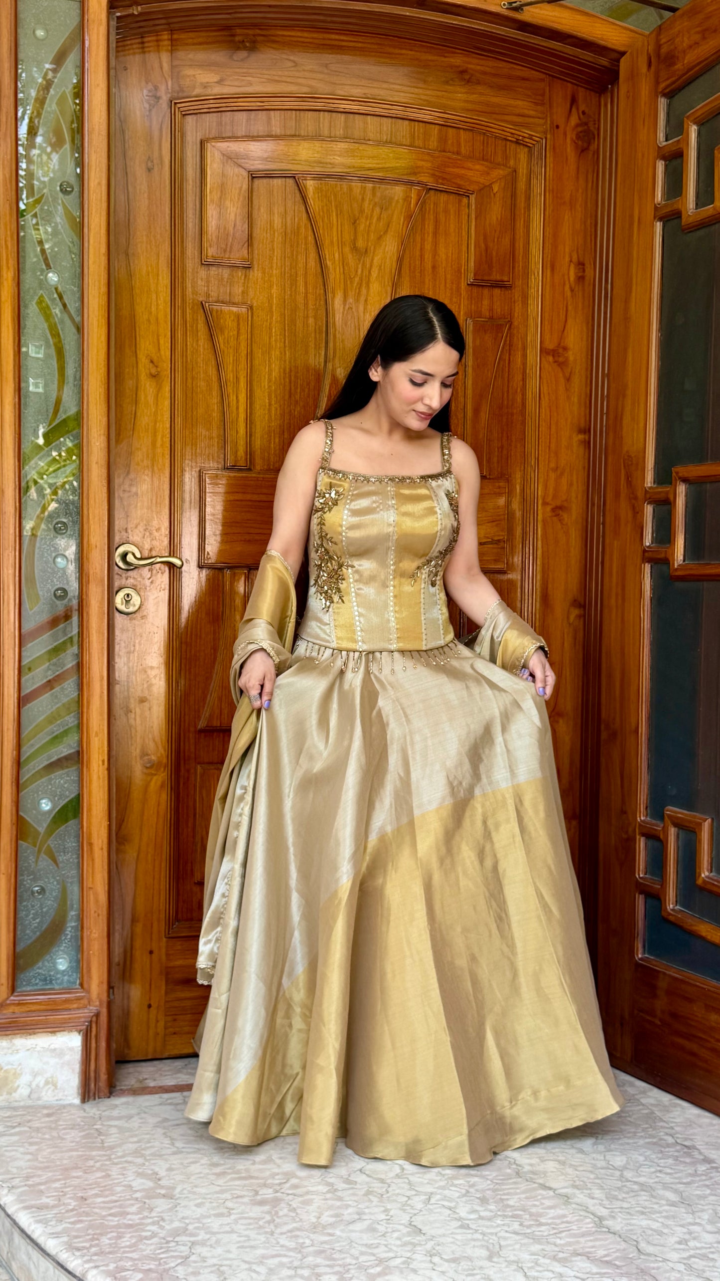 Luxury Dual Tone Pure Tissue Corset Choli Lehenga Set with Hand Embroidered Nakshi Work & Tissue Dupatta
