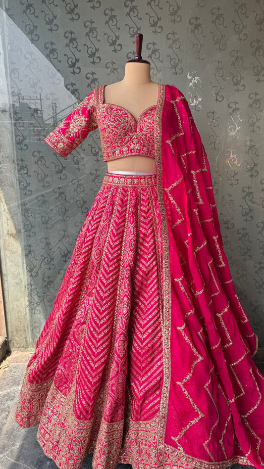 Hot Pink Heavy Embroidered Lehenga Choli Set with Zari Dupatta