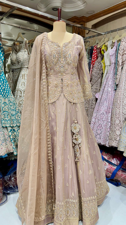 Luxury Hand-Embroidered Pure Tissue Lehenga with Long Front-Cut Choli – Readymade Free Size (Up to 44” Bust)