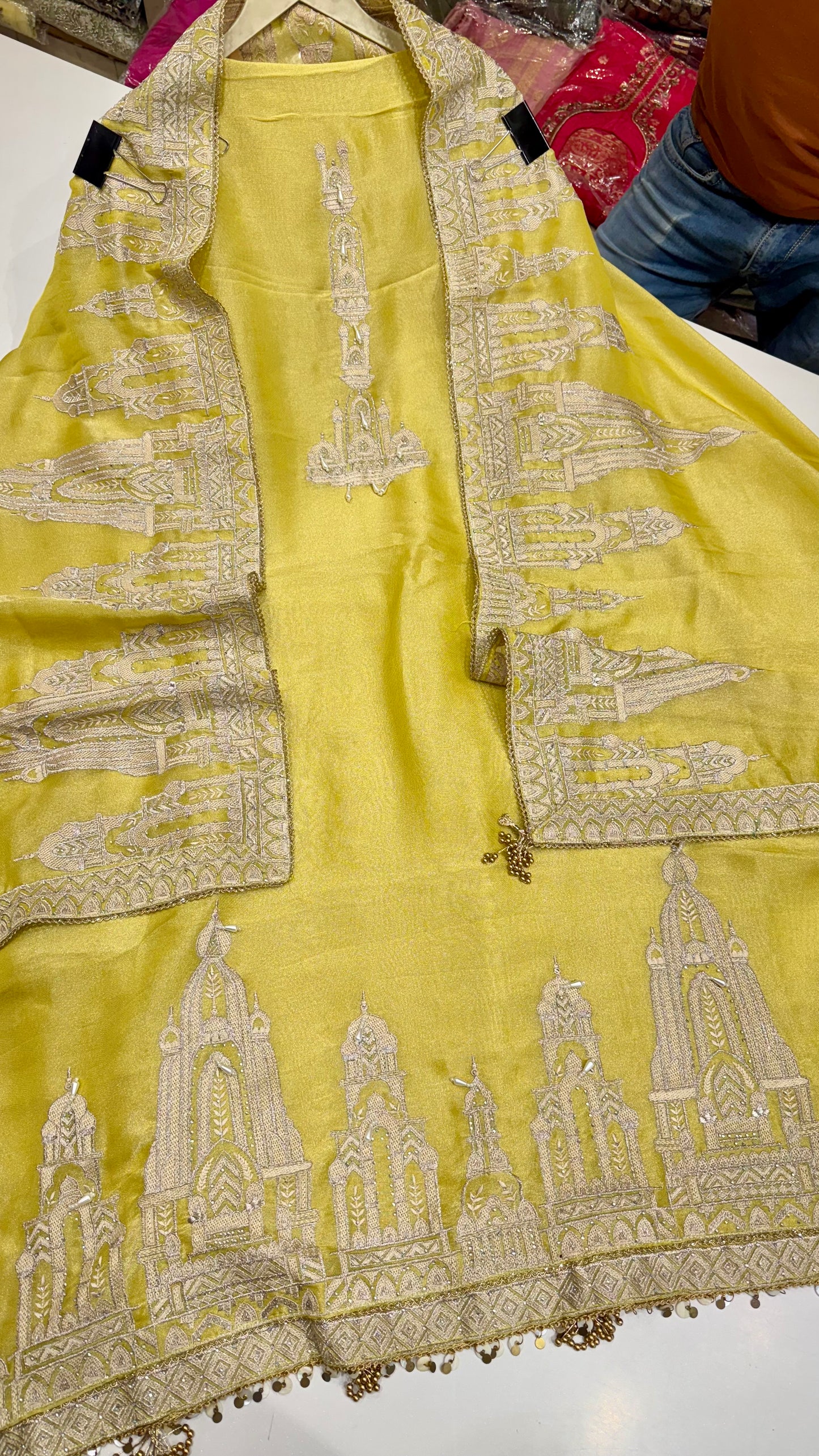 Heritage Temple Motif Unstitched Shimmer Tissue Suit Set