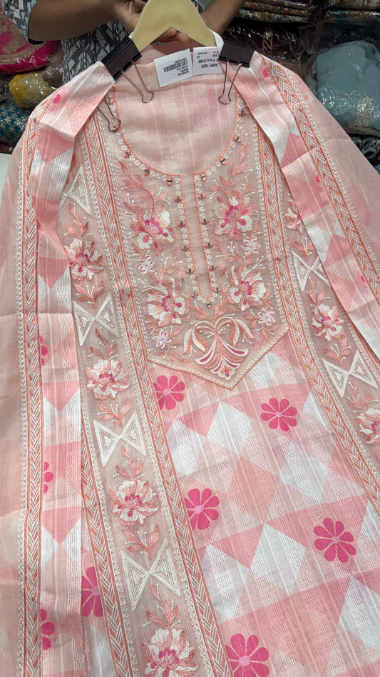 Luxury Pure South Cotton Unstitched Suit with Thread & Mirror Embroidery | Designer Cotton Dress Material with Mul Mul Dupatta