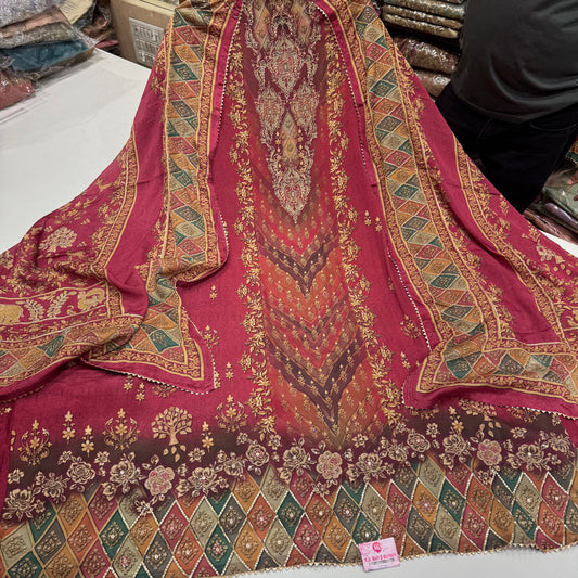 Elegant Olive Green & Onion Pink Unstitched Crepe Suits – Printed Design with Highlight Detailing