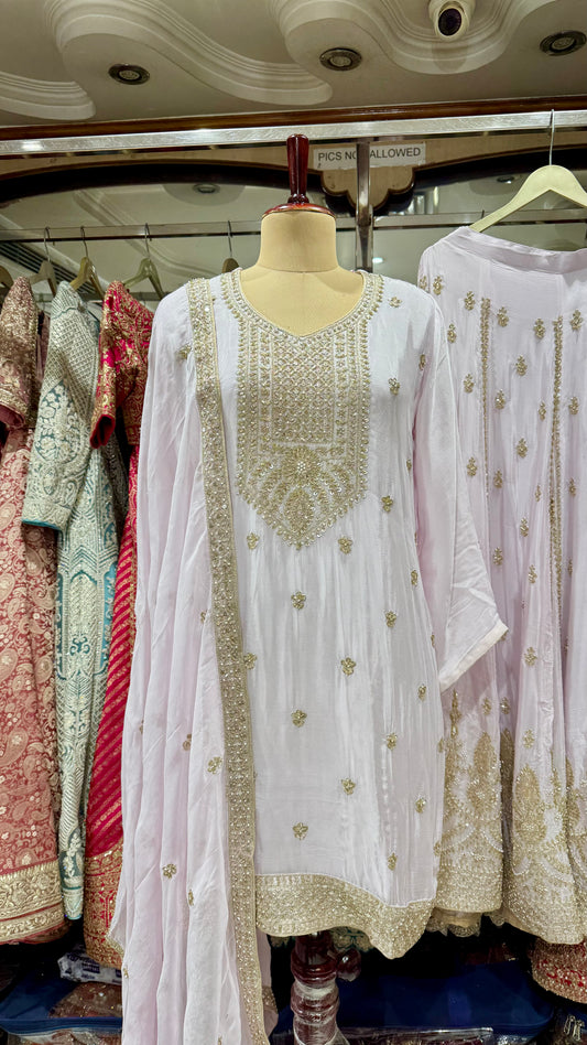 Elegant Hand-Embroidered Pure Chinon Lehenga Suit – Readymade Free Size (Up to 46” Bust)