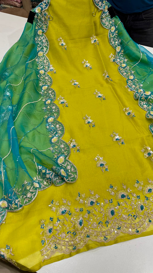Pure Organza Unstitched Suit with Aqua Blue Embroidered Dupatta & Zardozi Work